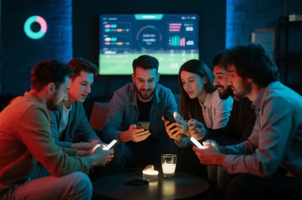 朋友围坐讨论比赛并查看手机聊天与数据