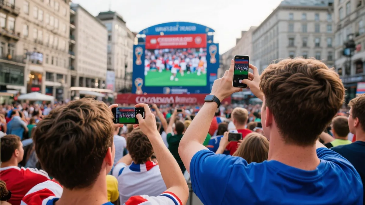 球迷在大屏幕前通过手机和社交媒体互动观看世界杯的场景