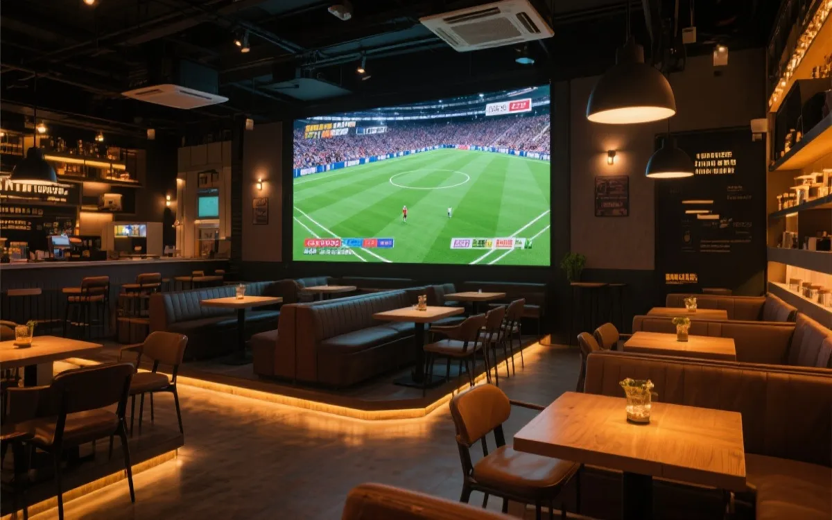 看球咖啡馆室内空间布局示意：大屏、座位与灯光氛围